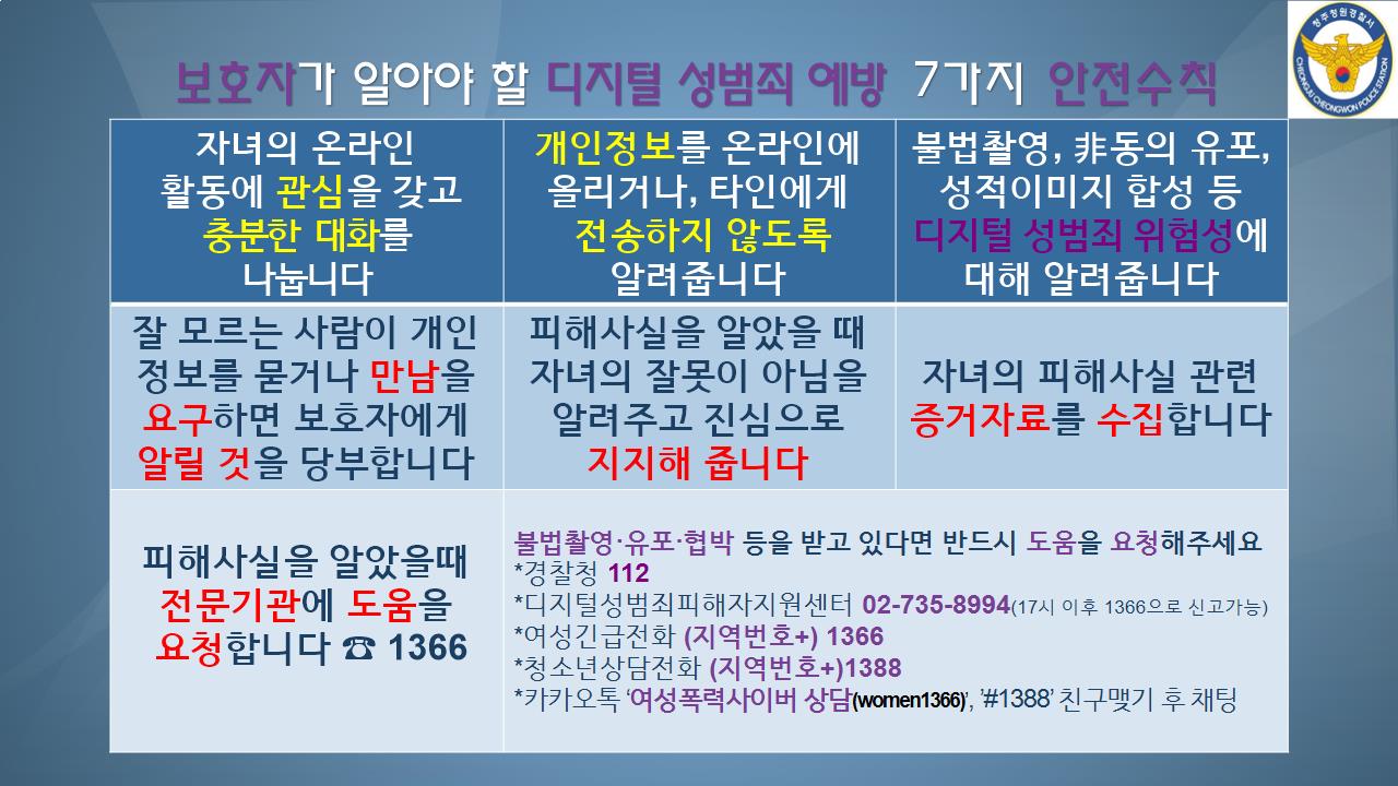 [내수중학교-9954 (첨부) 청주청원경찰서 여성청소년과] 보호자가 알아야 할 디지털 성범죄 예방 7가지 안전수칙(가정통신문 알림 앱 발송용)