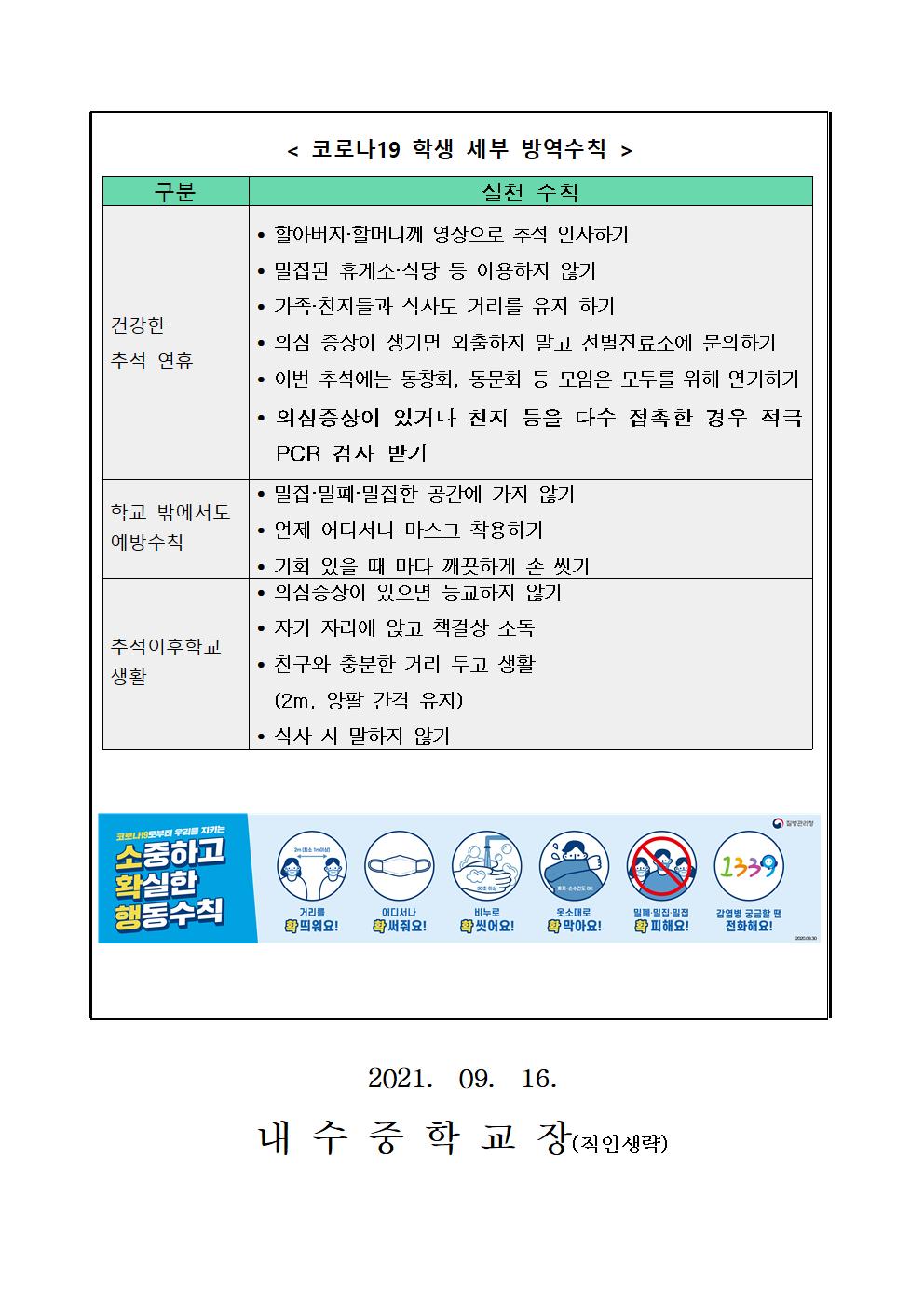 추석 특별방역 대책 및 추석연휴 전후 학생 코로나19 예방수칙 준수 안내003